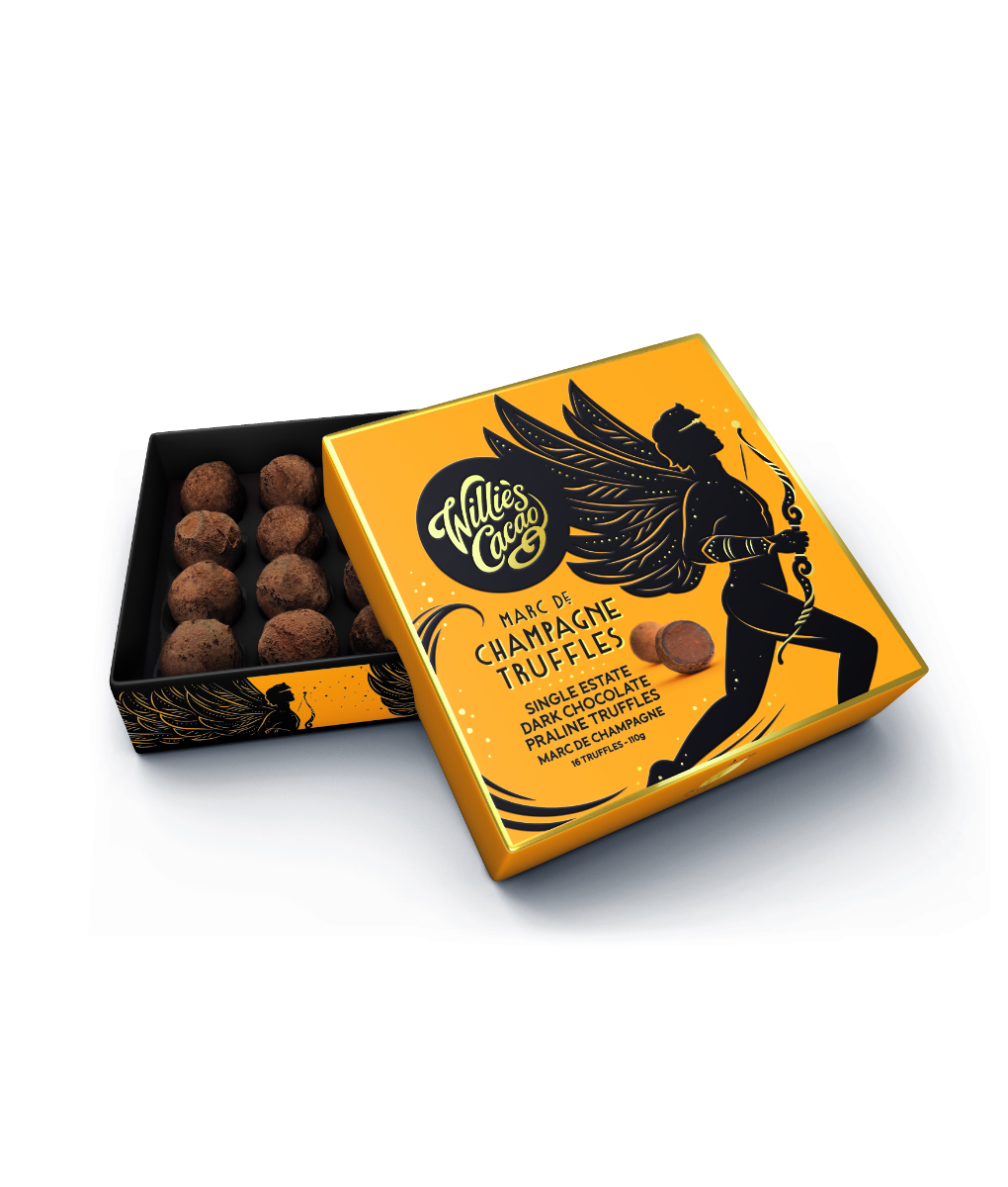 Willies_truffles_box_champagne_110g_1020x1200 Marc de Champagne Truffles (72% dark) 16pcs